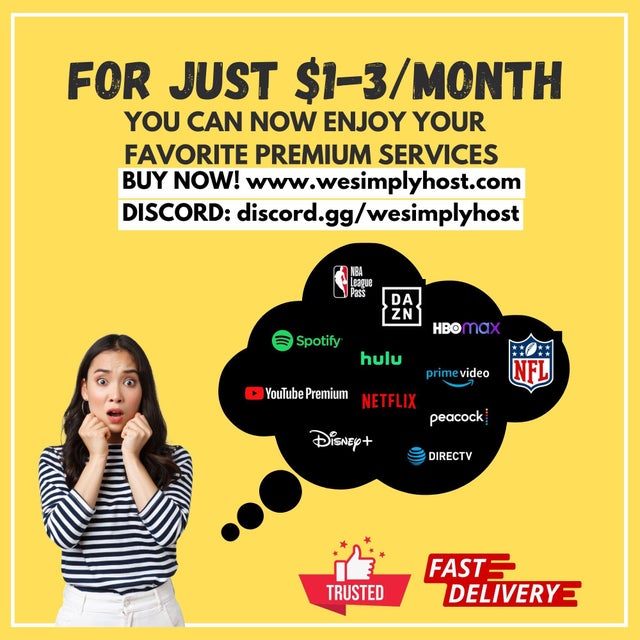 Wow! For only $1-3/Month YouTub3 Premium Private, N3tflix, Spot1fy, DAZN, NBA League, D1sneyplus, Prim3 Video, Dir3cTV, P3acockTV, Paramountplus, Showtime and many more! Over hundreds of reviews from happy customers.